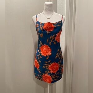 Cantonwalker Navy & Red Floral Cowl Neck Sleeveless Satin Slip Mini Dress - XS